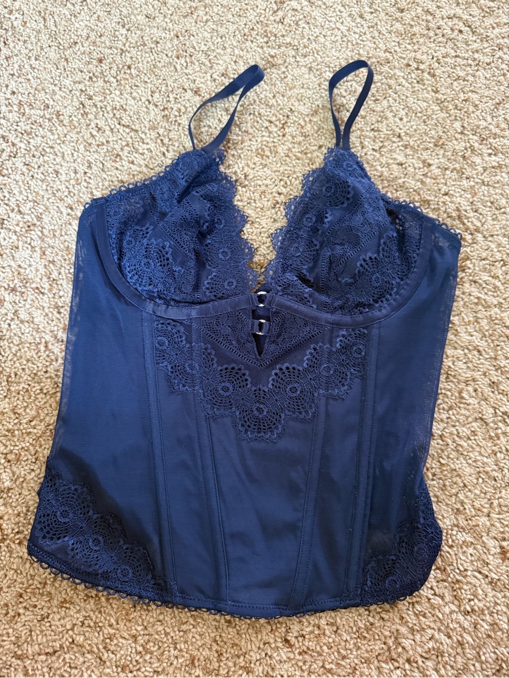 NWOT Adore Me Navy Lace Corset Bustier Top 34B Sheer Mesh Underwire Lingerie